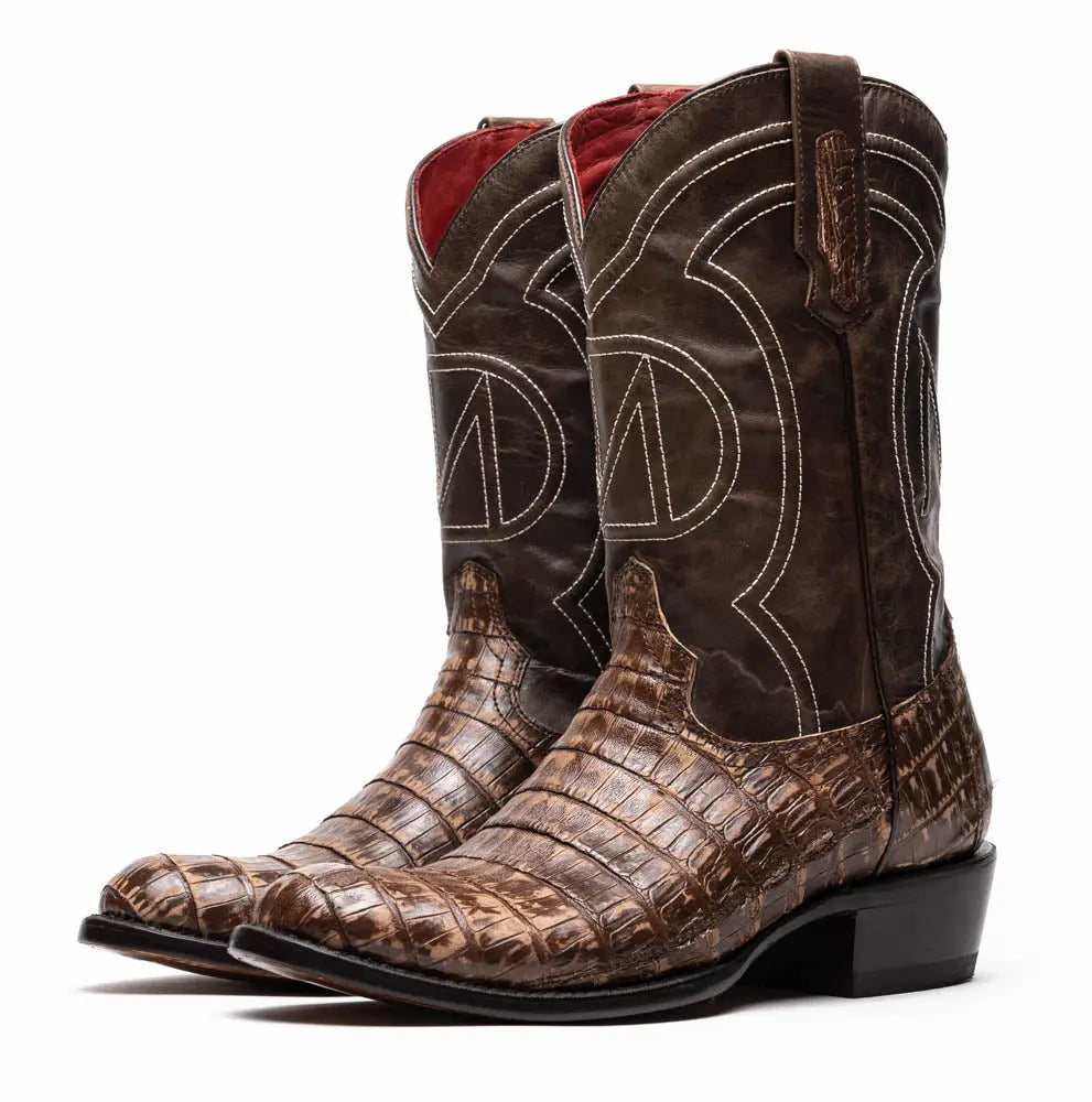 Marco Di Milano Phoenix Stone Brown Genuine Caiman Crocodile Cowboy Boots