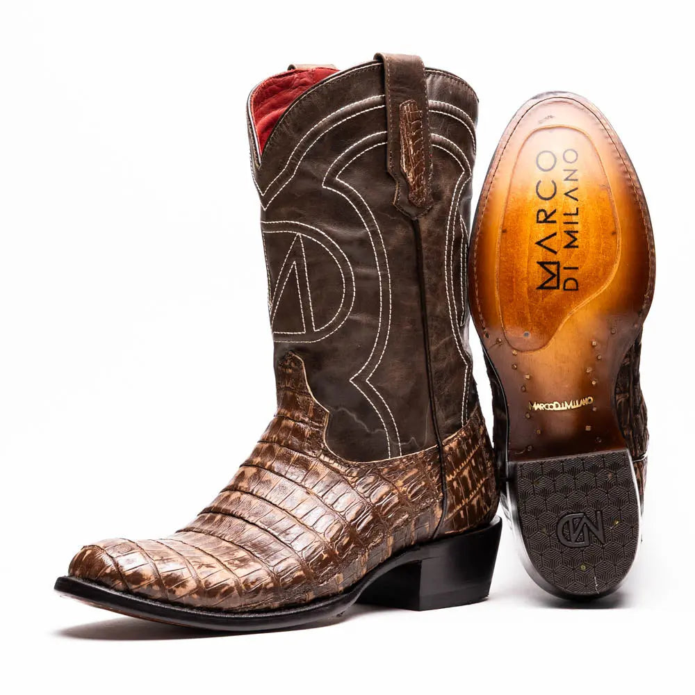 Marco Di Milano Phoenix Stone Brown Genuine Caiman Crocodile Cowboy Boots