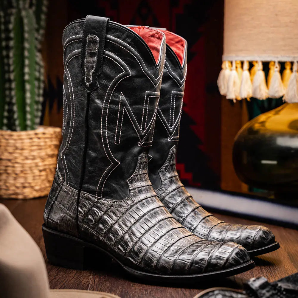 Marco Di Milano Phoenix Stone Gray Genuine Caiman Crocodile Cowboy Boots