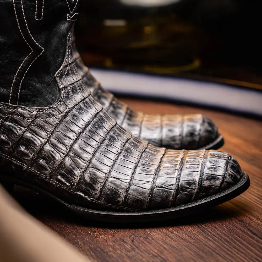 Marco Di Milano Phoenix Stone Gray Genuine Caiman Crocodile Cowboy Boots