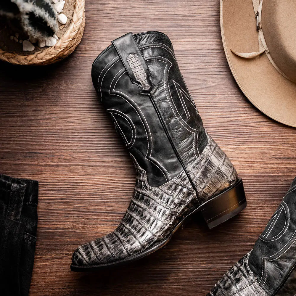 Marco Di Milano Phoenix Stone Gray Genuine Caiman Crocodile Cowboy Boots