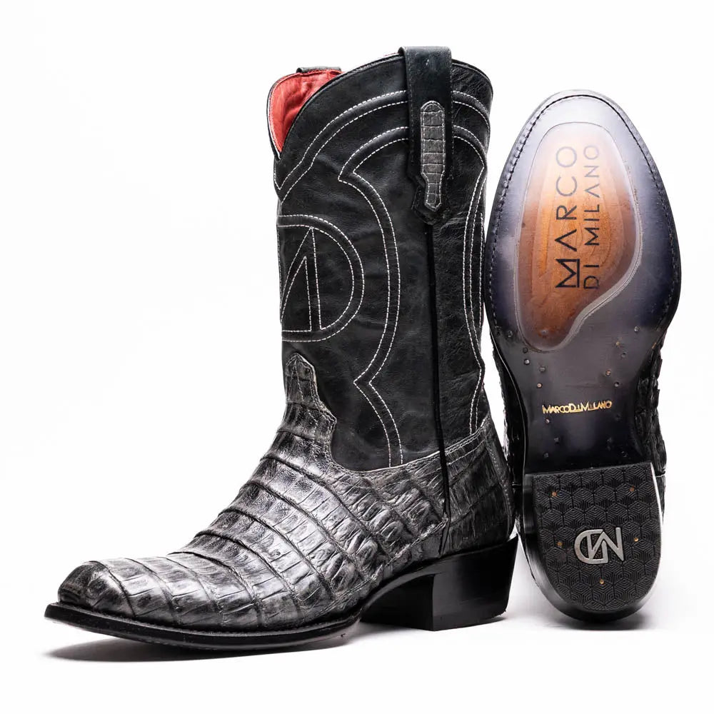 Marco Di Milano Phoenix Stone Gray Genuine Caiman Crocodile Cowboy Boots