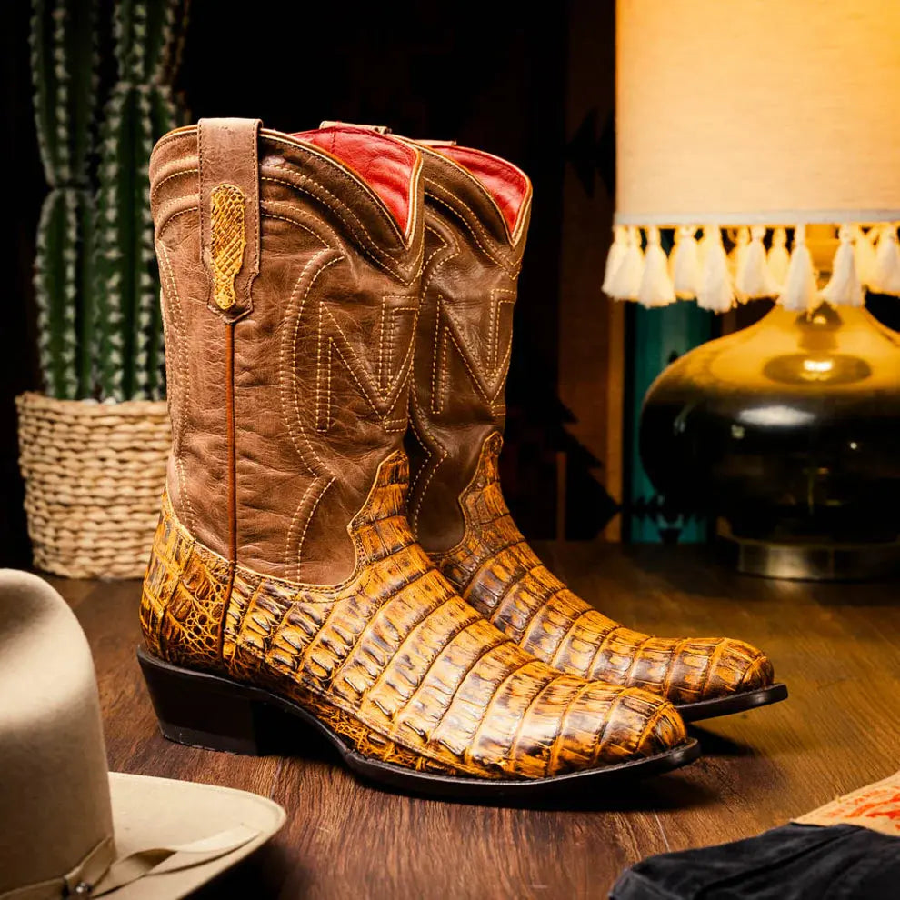 Marco Di Milano Phoenix Mustard Brown Genuine Caiman Crocodile Cowboy Boots