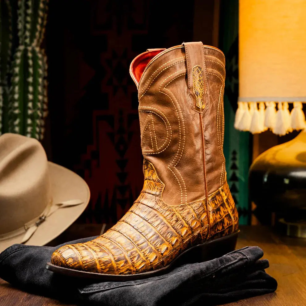 Marco Di Milano Phoenix Mustard Brown Genuine Caiman Crocodile Cowboy Boots