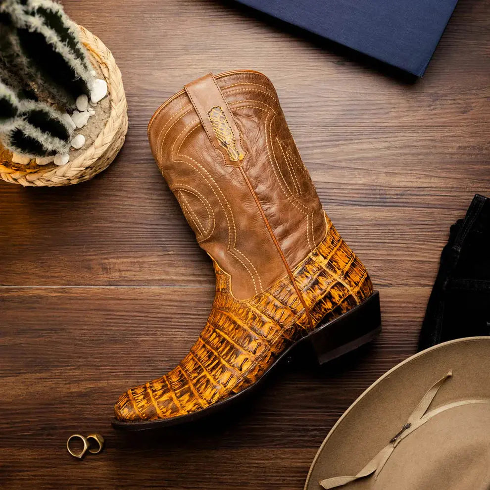 Marco Di Milano Phoenix Mustard Brown Genuine Caiman Crocodile Cowboy Boots