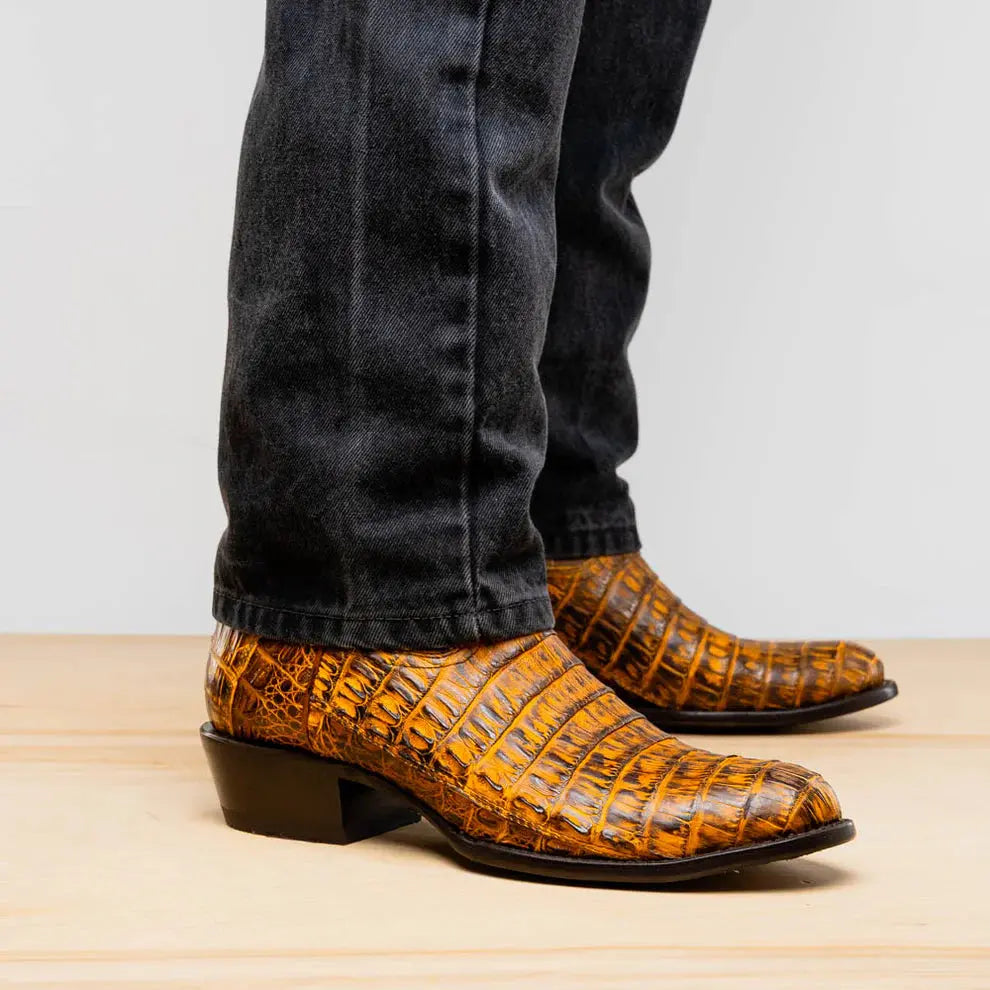 Marco Di Milano Phoenix Mustard Brown Genuine Caiman Crocodile Cowboy Boots