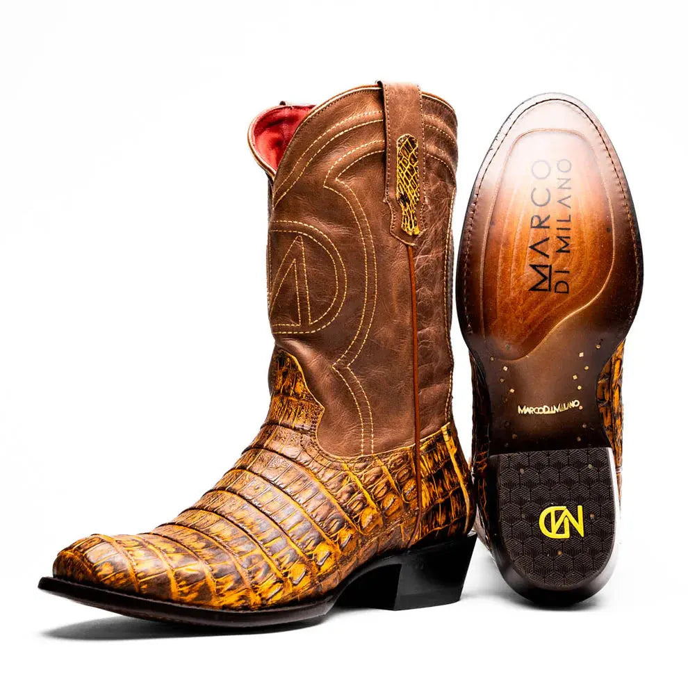 Marco Di Milano Phoenix Mustard Brown Genuine Caiman Crocodile Cowboy Boots