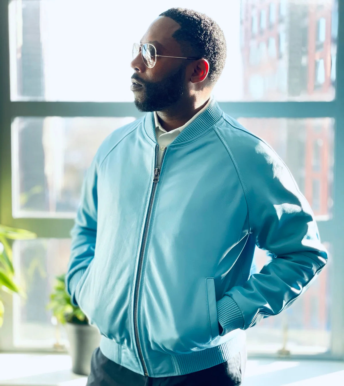 Jakewood 1051 Powder Blue Genuine Lambskin Baseball Varsity Jacket