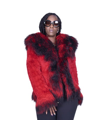 Verona Women's W05S01 Red/Black Genuine Rabbit/Mongolian Fur Coat