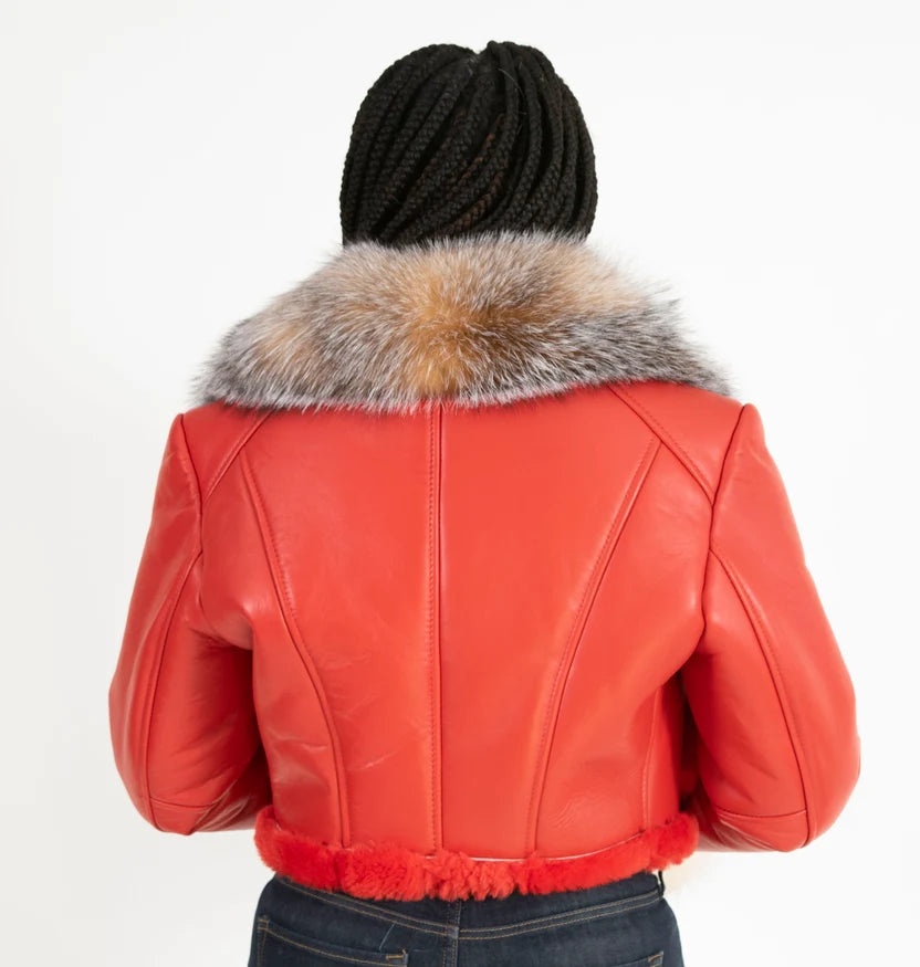 Jakewood 1019 Ladies Red Genuine Shearling Sheepskin/Fox Short Crop Jacket