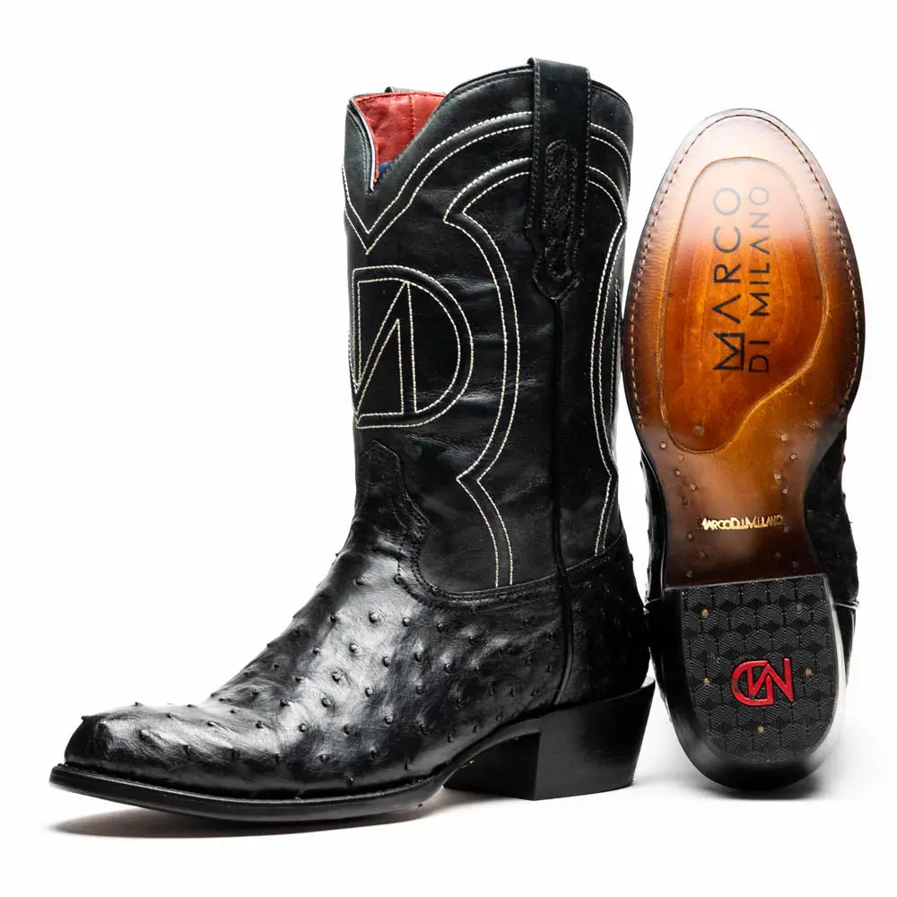 Marco Di Milano Savannah Black Genuine Ostrich Cowboy Boots