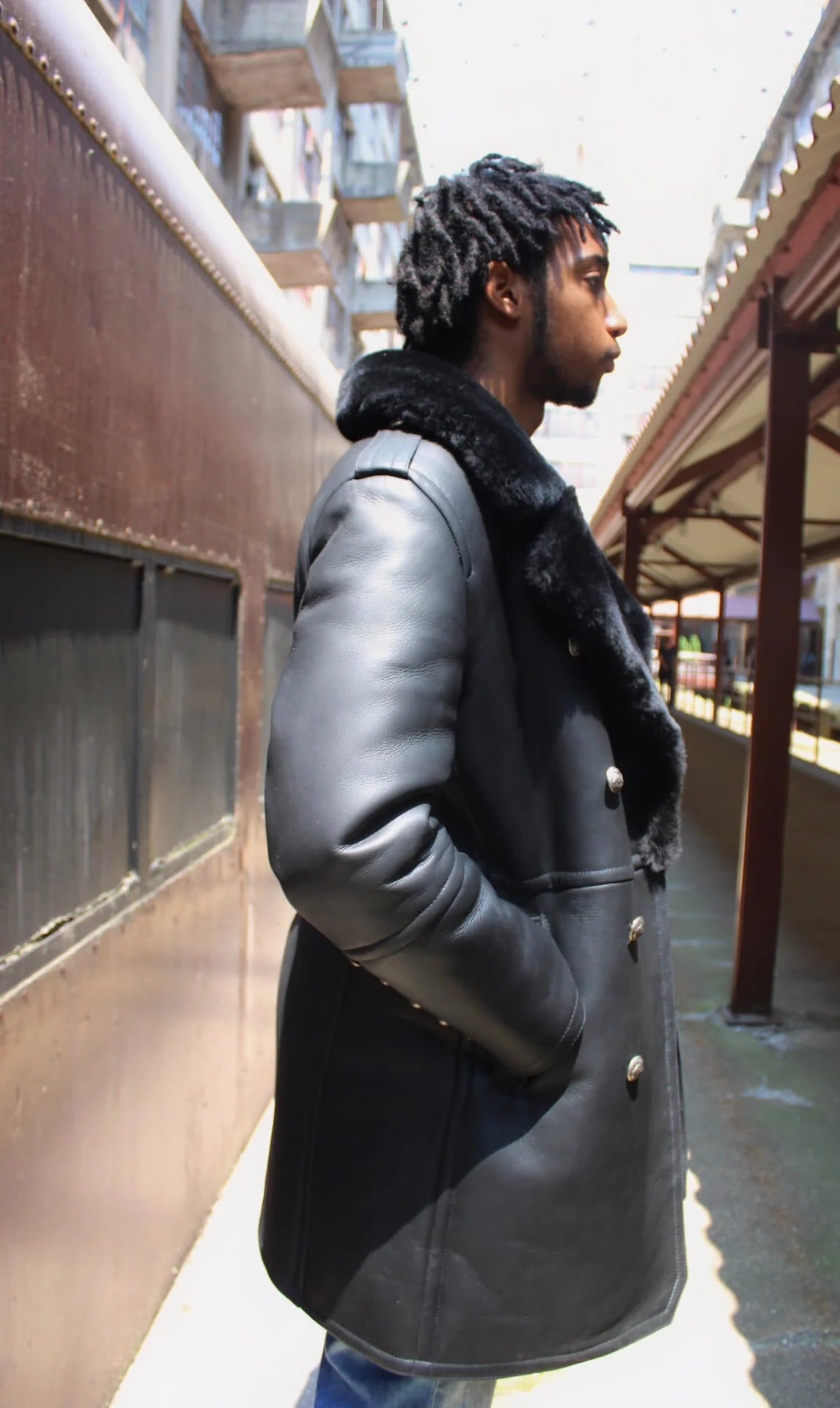 Jakewood 5000 Black Genuine Double Breasted Shearling Sheepskin Trench Coat