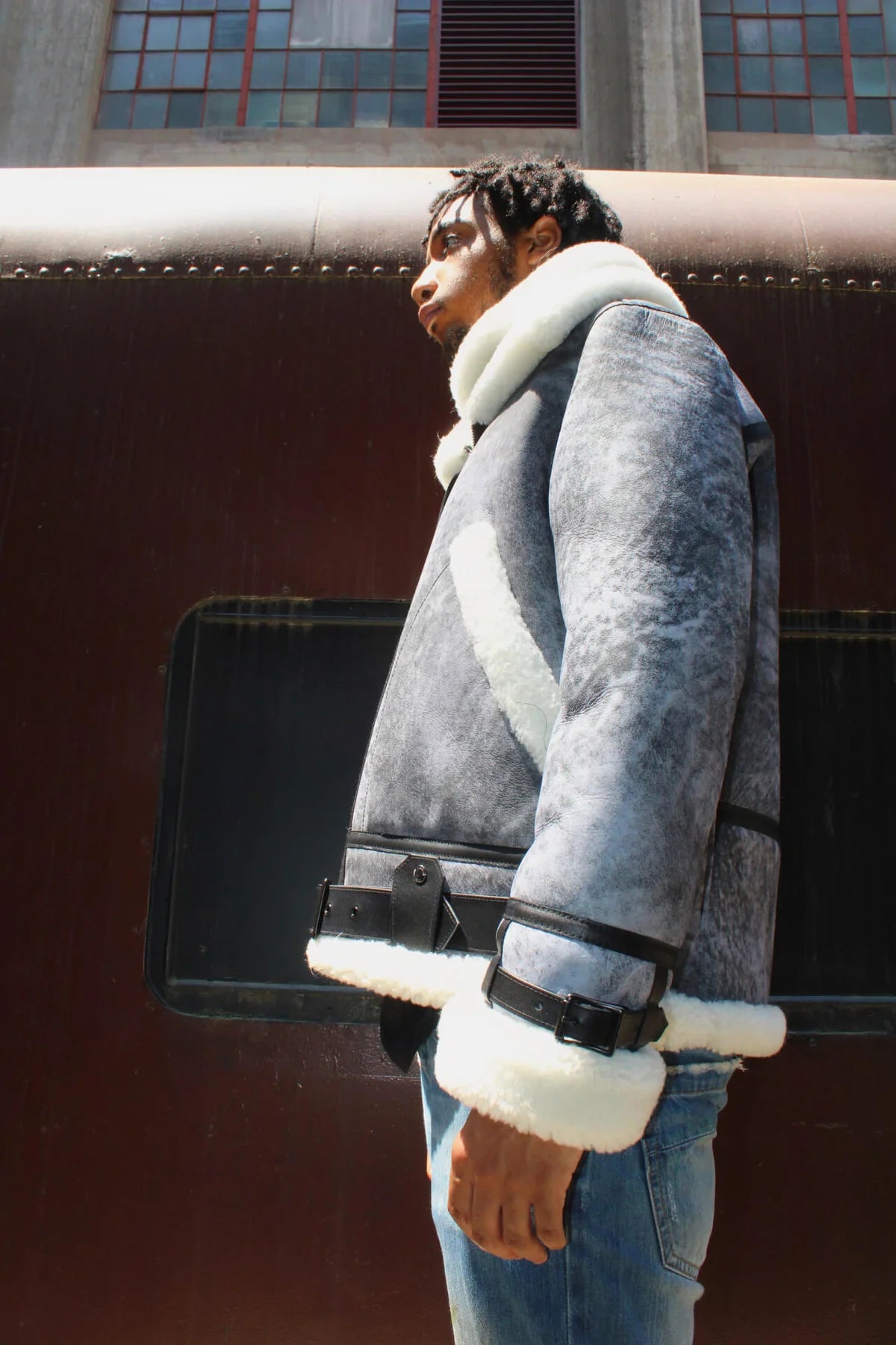 Jakewood 808 Military Grey/Black Genuine Sheepskin Double Collar Bomber Jacket