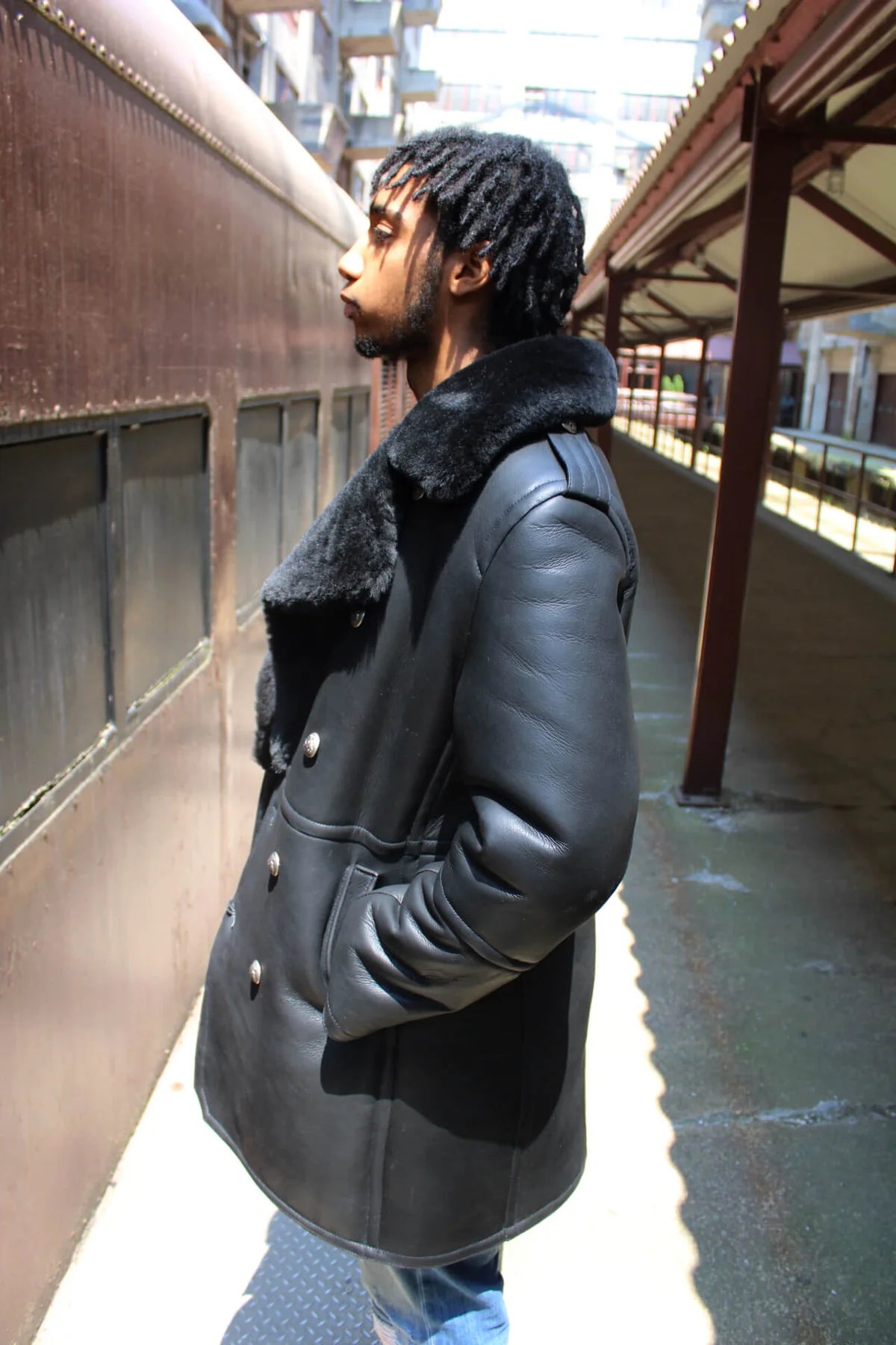 Jakewood 5000 Black Genuine Double Breasted Shearling Sheepskin Trench Coat