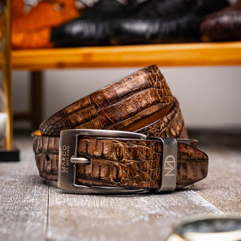 Marco Di Milano Silvio Washed Brown Genuine Caiman Crocodile Belt