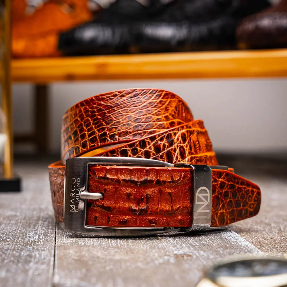 Marco Di Milano Silvio Rustic Cognac Genuine Caiman Crocodile Belt