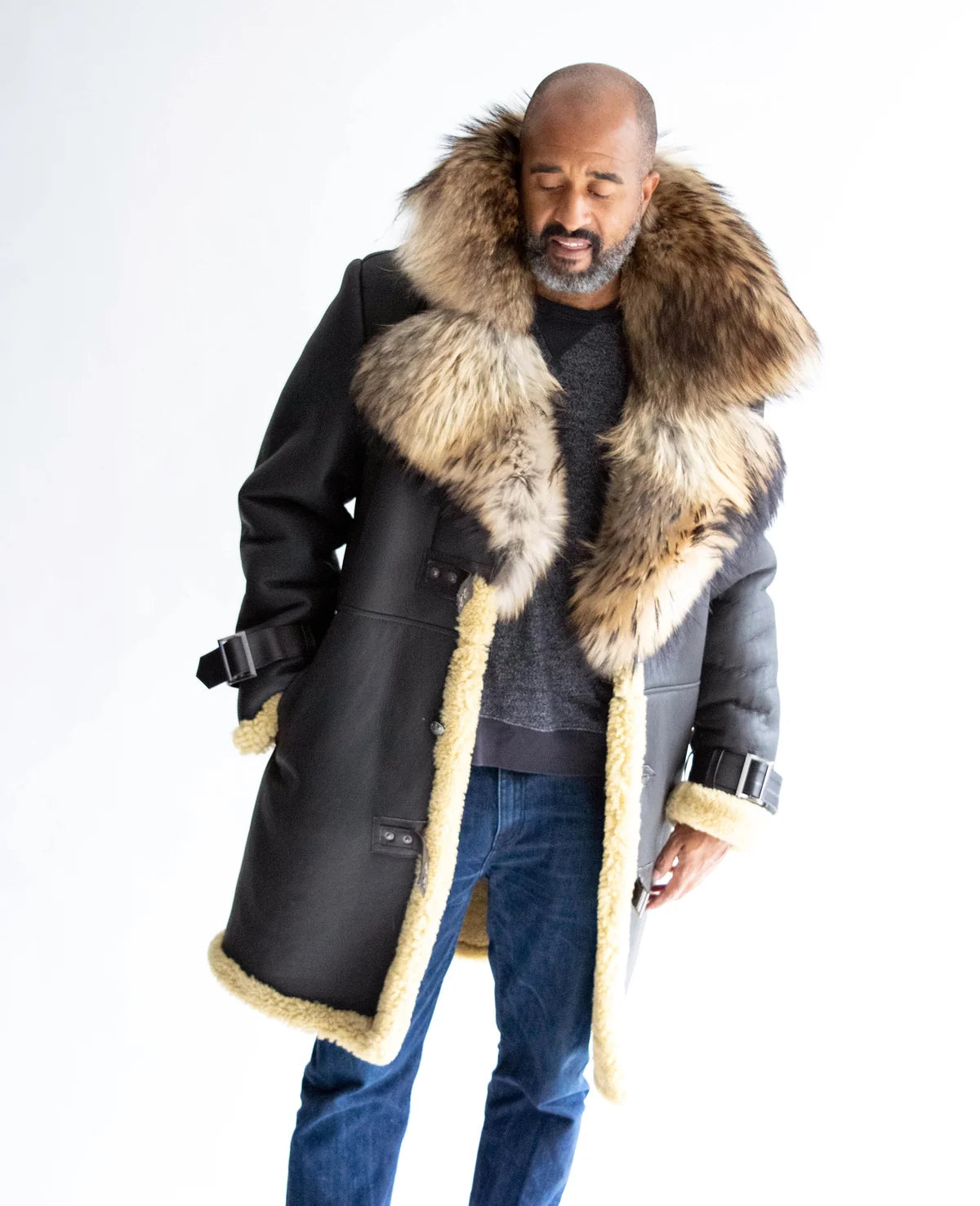Jakewood 8900 Military Grey/Black Genuine Sheepskin/Fox Fur Long Coat