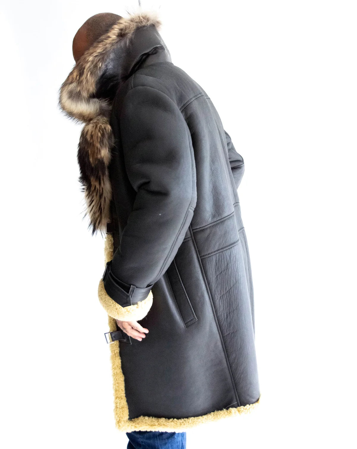 Jakewood 8900 Military Grey/Black Genuine Sheepskin/Fox Fur Long Coat
