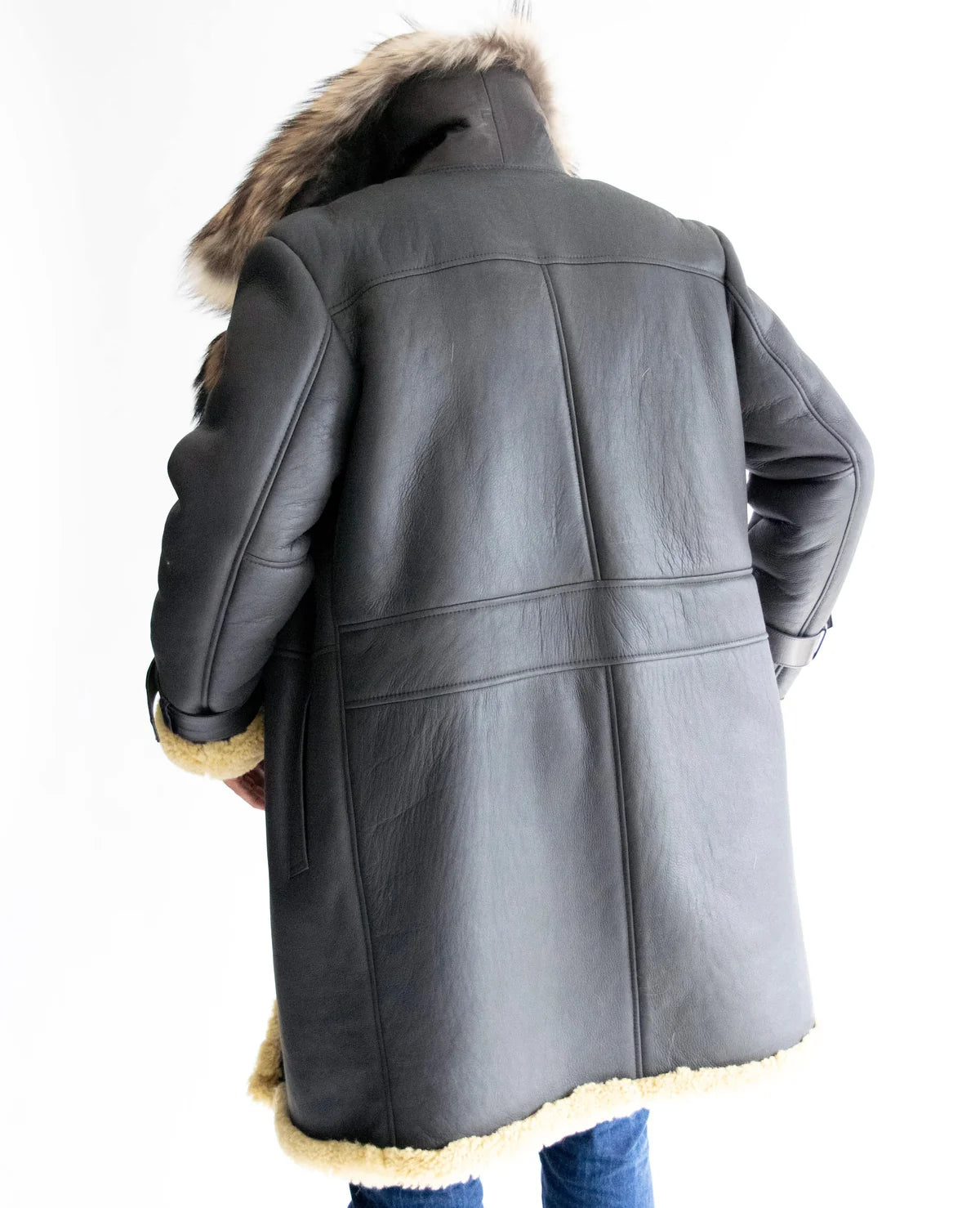 Jakewood 8900 Military Grey/Black Genuine Sheepskin/Fox Fur Long Coat