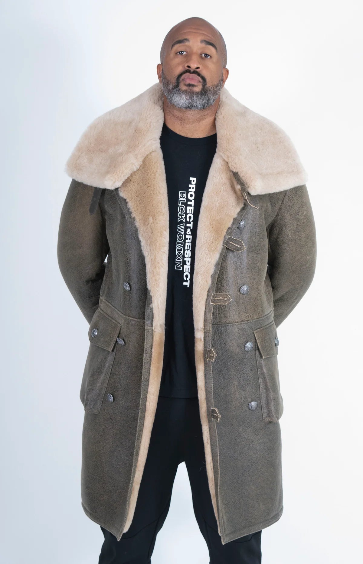 Jakewood 6110 Green Genuine Sheepskin Double-Breasted Trench Coat