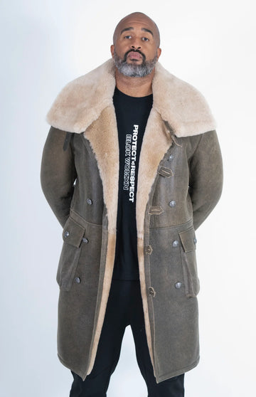 Jakewood 6110 Green Genuine Sheepskin Double-Breasted Trench Coat