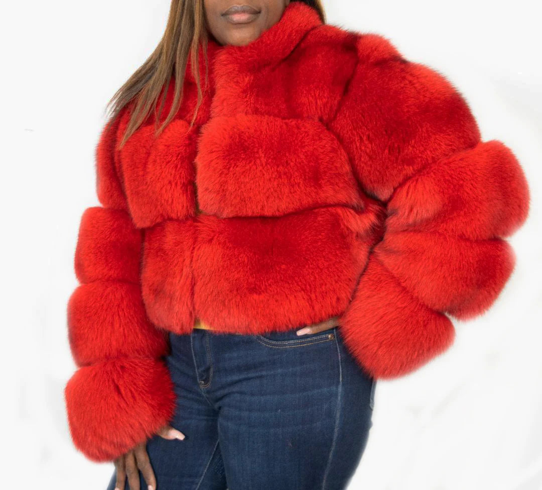 Jakewood 1098 Ladies Red Genuine Leather Fox Fur Cropped Jacket