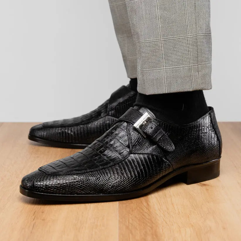 Marco Di Milano Toluca Black Genuine Caiman Crocodile/Lizard Monk Strap Shoes