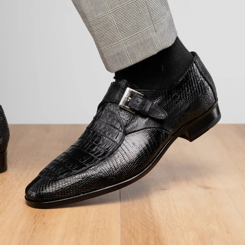 Marco Di Milano Toluca Black Genuine Caiman Crocodile/Lizard Monk Strap Shoes
