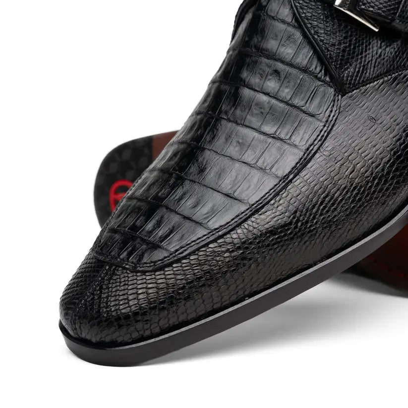 Marco Di Milano Toluca Black Genuine Caiman Crocodile/Lizard Monk Strap Shoes