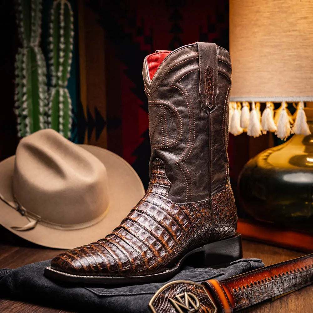 Marco Di Milano Tucson Aged Brown Genuine Caiman Crocodile Cowboy Boots