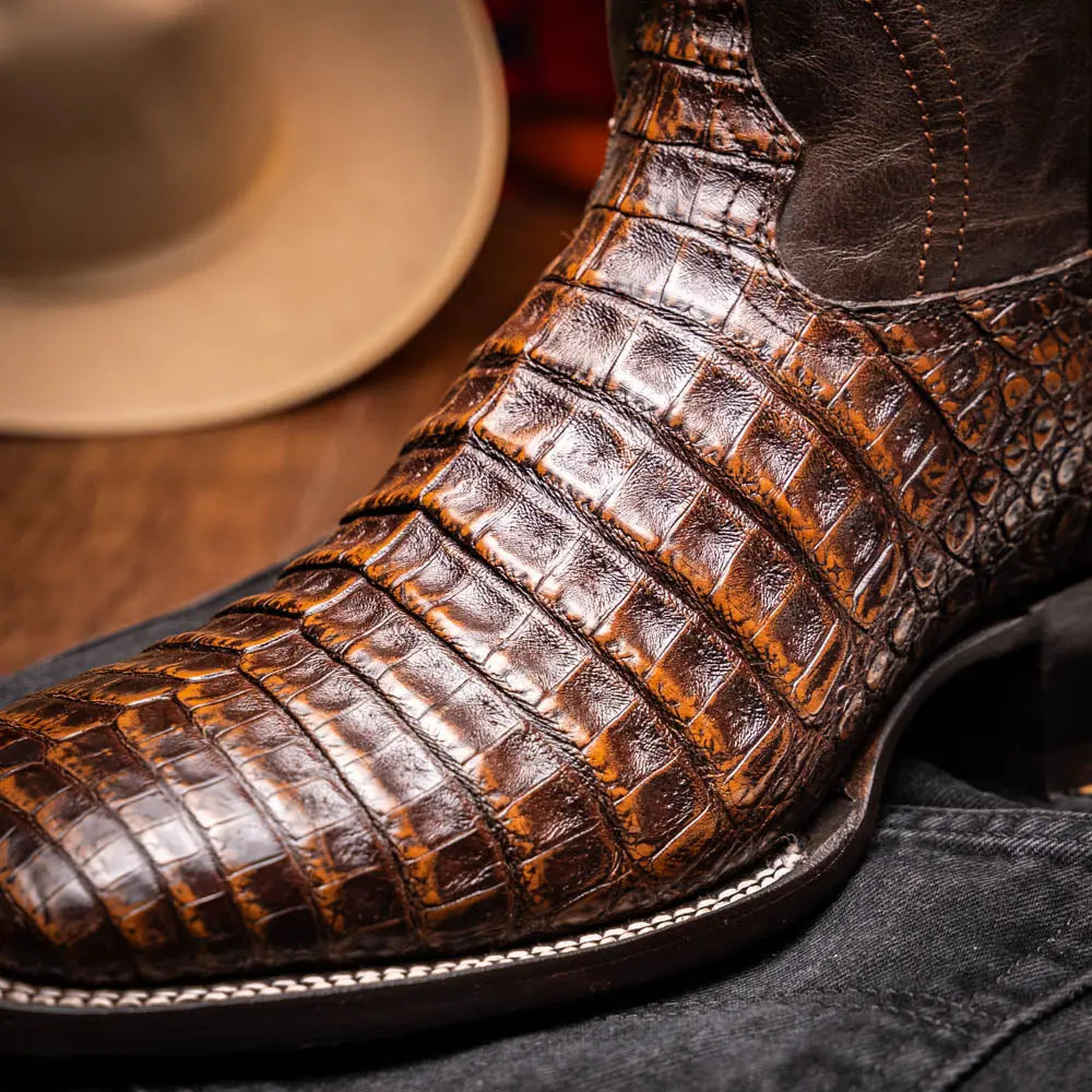Marco Di Milano Tucson Aged Brown Genuine Caiman Crocodile Cowboy Boots