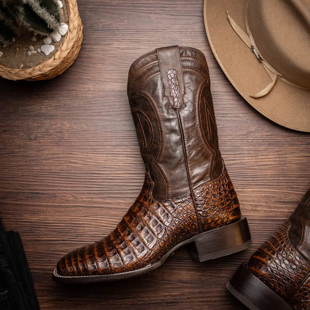 Marco Di Milano Tucson Aged Brown Genuine Caiman Crocodile Cowboy Boots