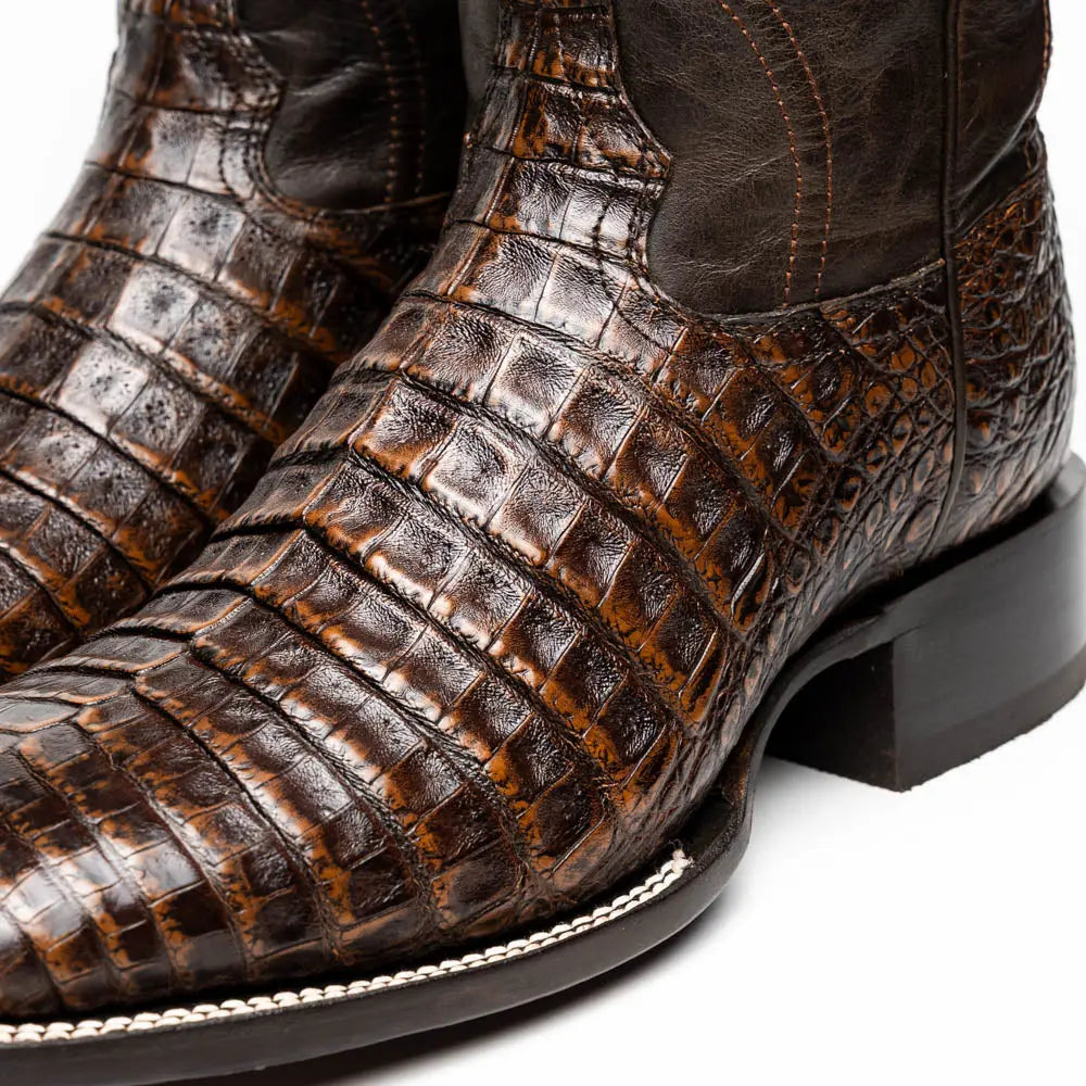 Marco Di Milano Tucson Aged Brown Genuine Caiman Crocodile Cowboy Boots