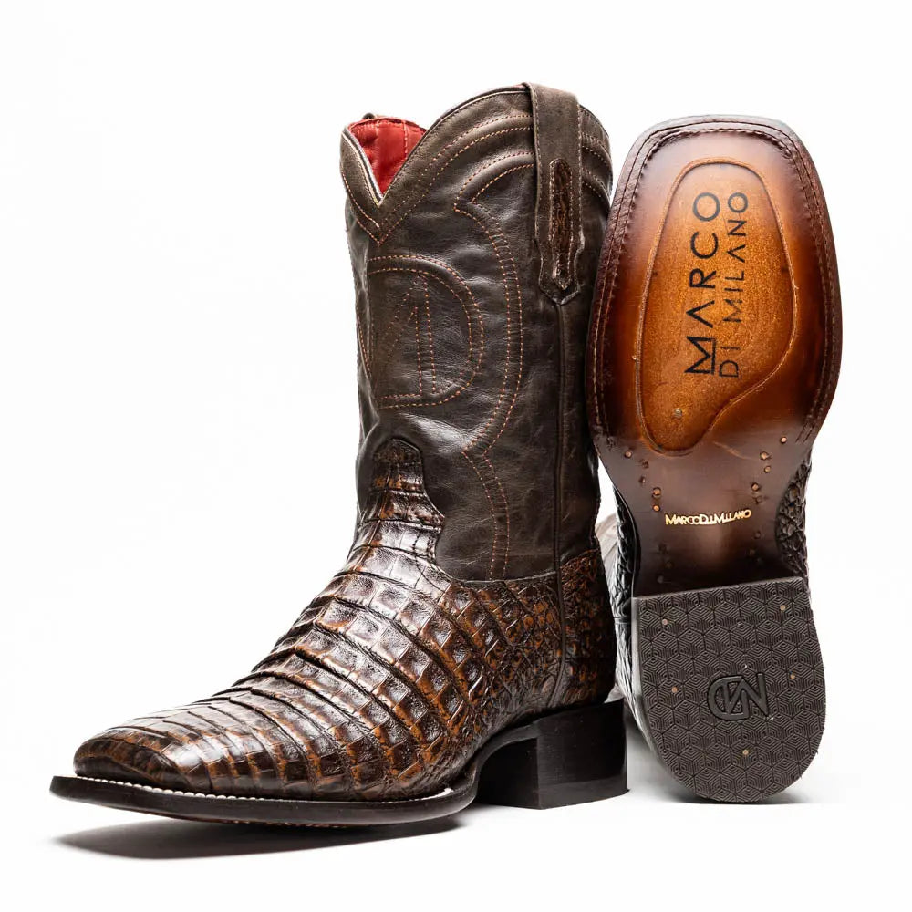 Marco Di Milano Tucson Aged Brown Genuine Caiman Crocodile Cowboy Boots