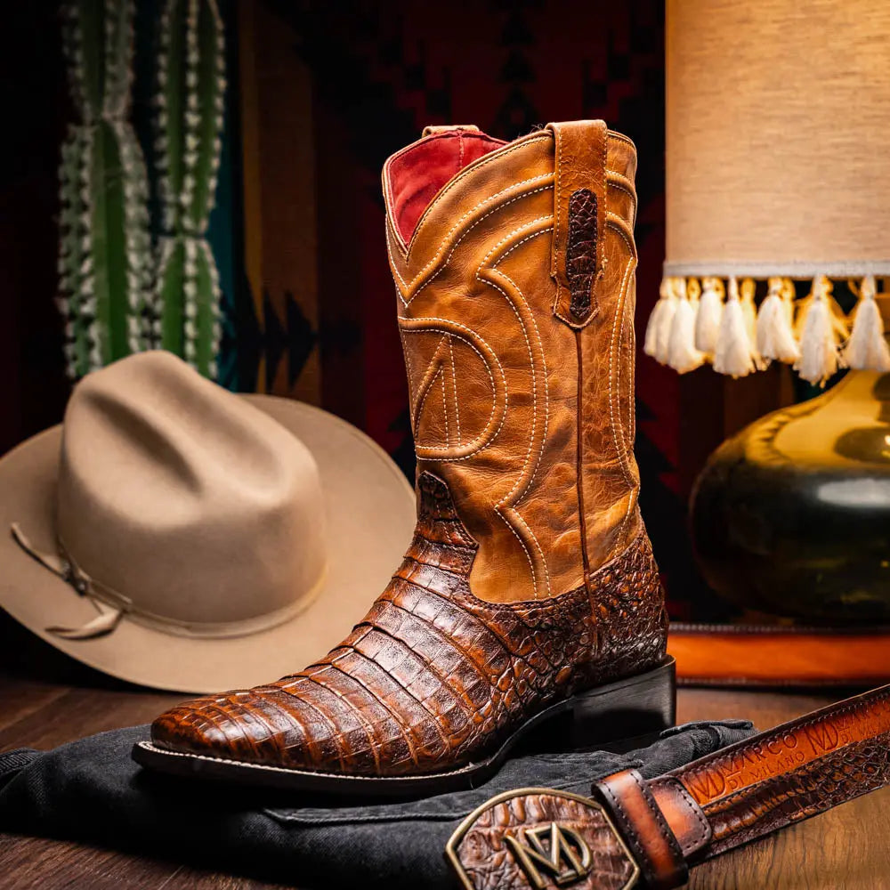Marco Di Milano Tucson Aged Maple Genuine Caiman Crocodile Cowboy Boots