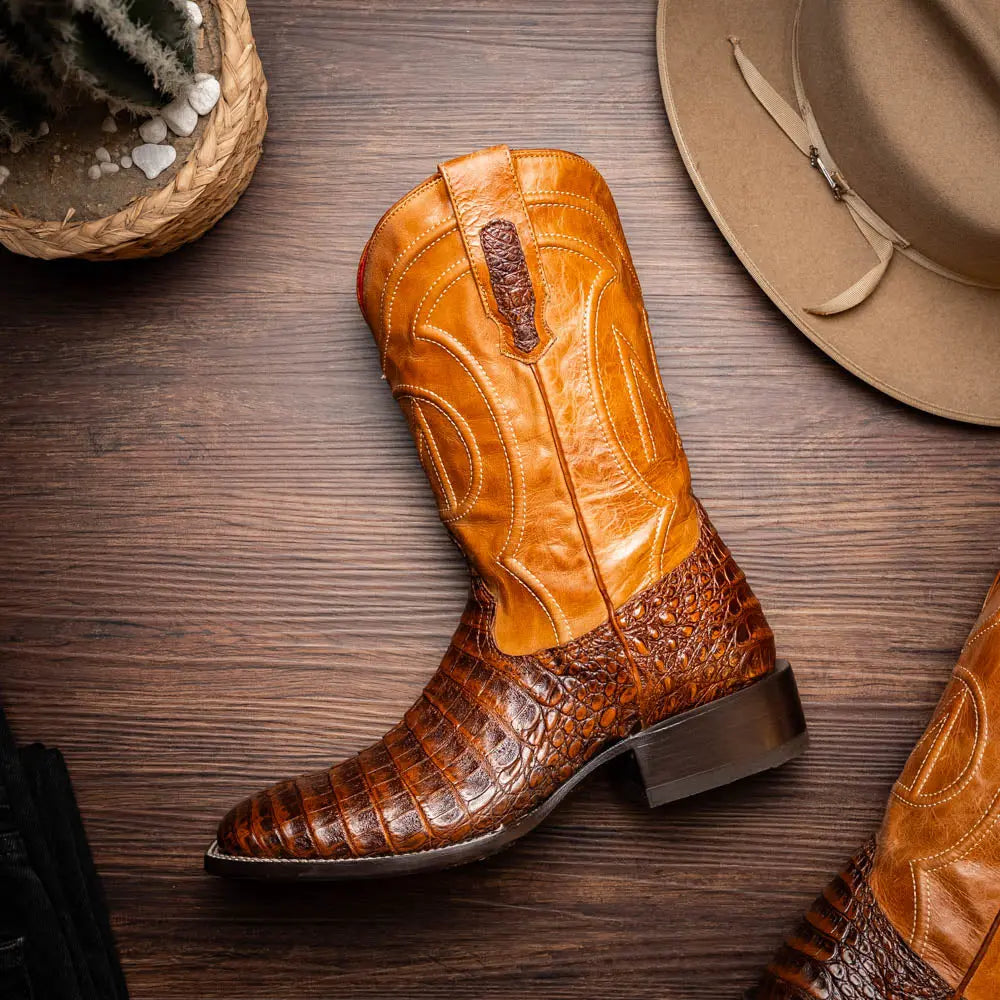 Marco Di Milano Tucson Aged Maple Genuine Caiman Crocodile Cowboy Boots