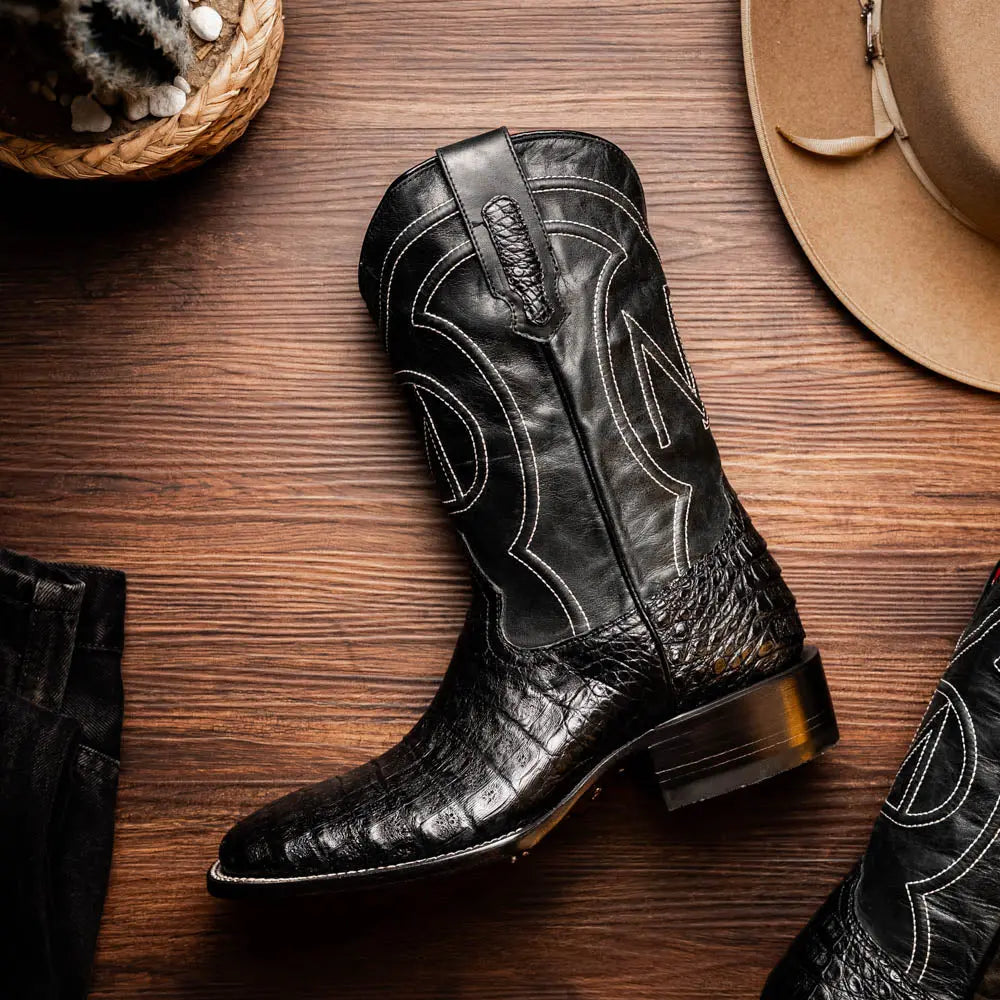 Marco Di Milano Tucson Black Genuine Caiman Crocodile Cowboy Boots