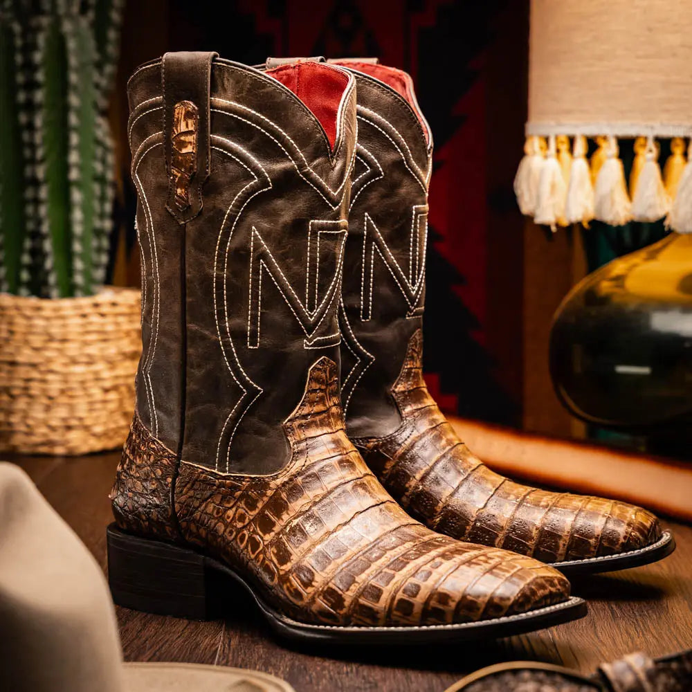 Marco Di Milano Tucson Stone Brown Genuine Caiman Crocodile Cowboy Boots