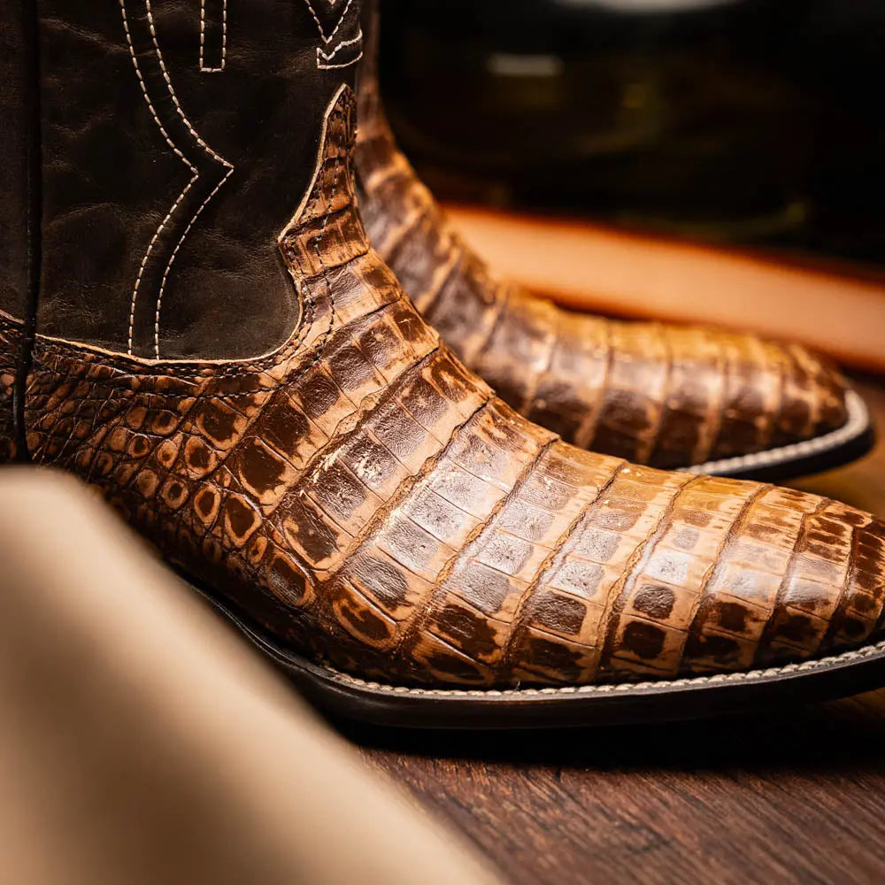 Marco Di Milano Tucson Stone Brown Genuine Caiman Crocodile Cowboy Boots