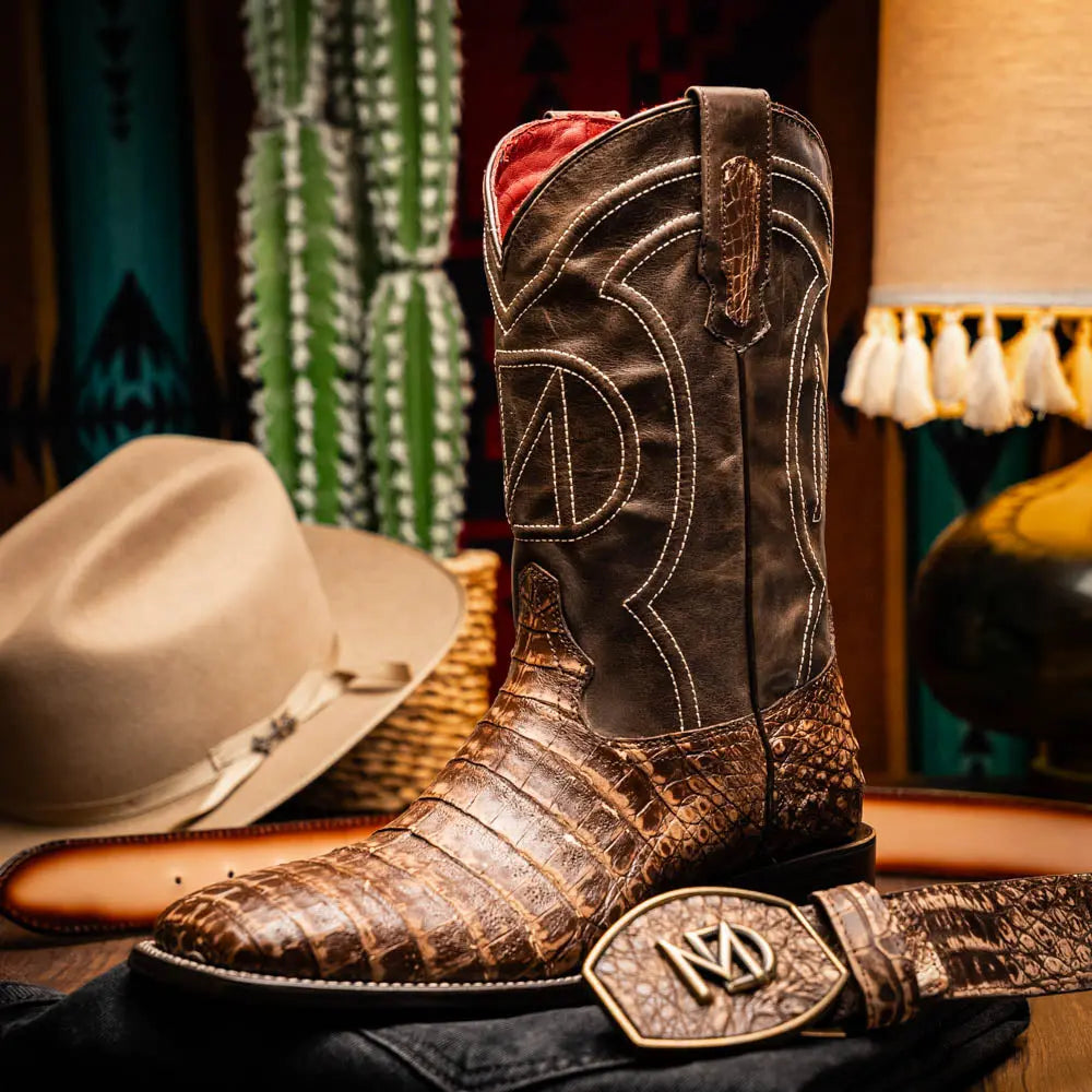 Marco Di Milano Tucson Stone Brown Genuine Caiman Crocodile Cowboy Boots