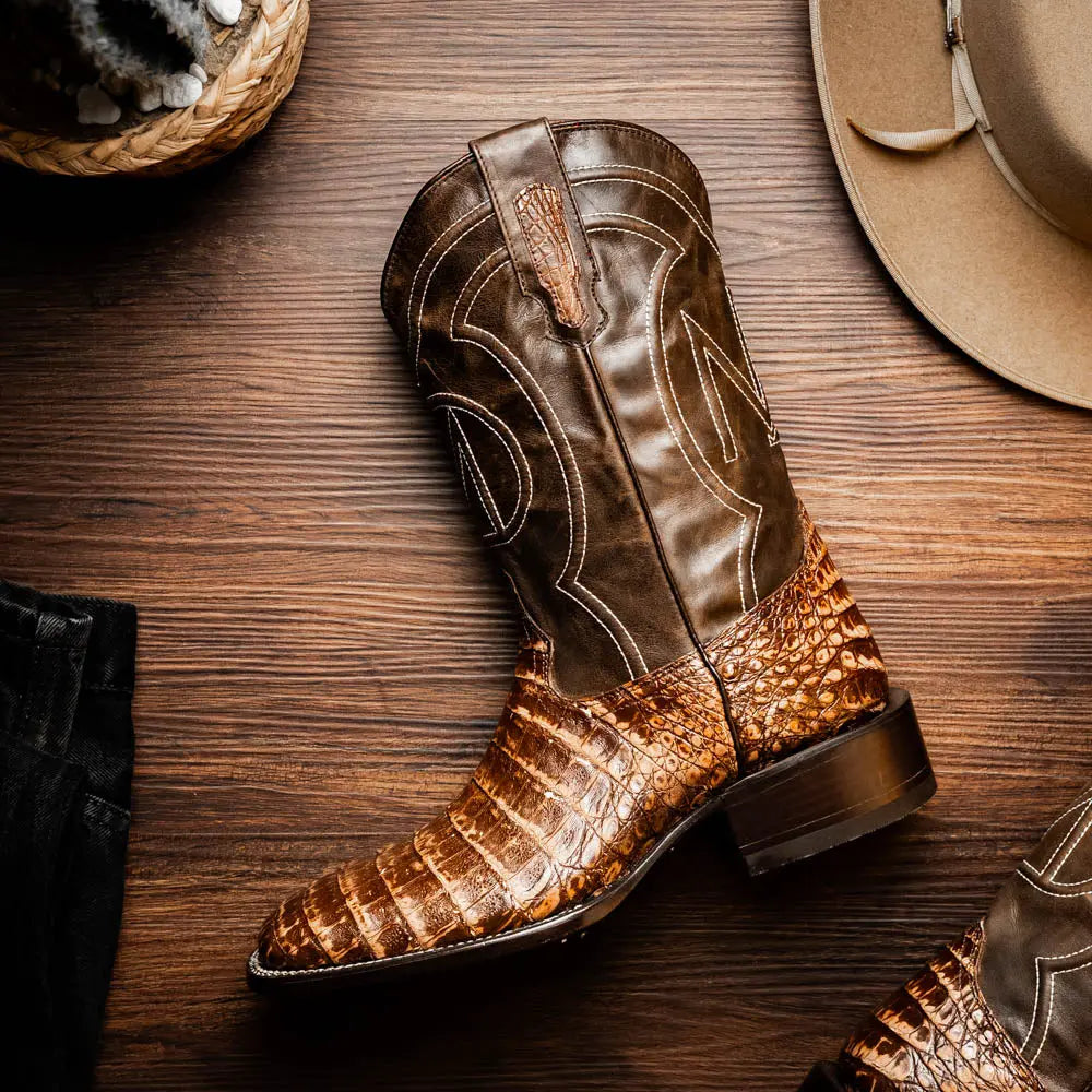 Marco Di Milano Tucson Stone Brown Genuine Caiman Crocodile Cowboy Boots
