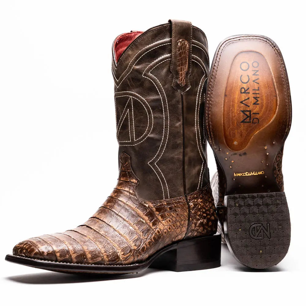 Marco Di Milano Tucson Stone Brown Genuine Caiman Crocodile Cowboy Boots