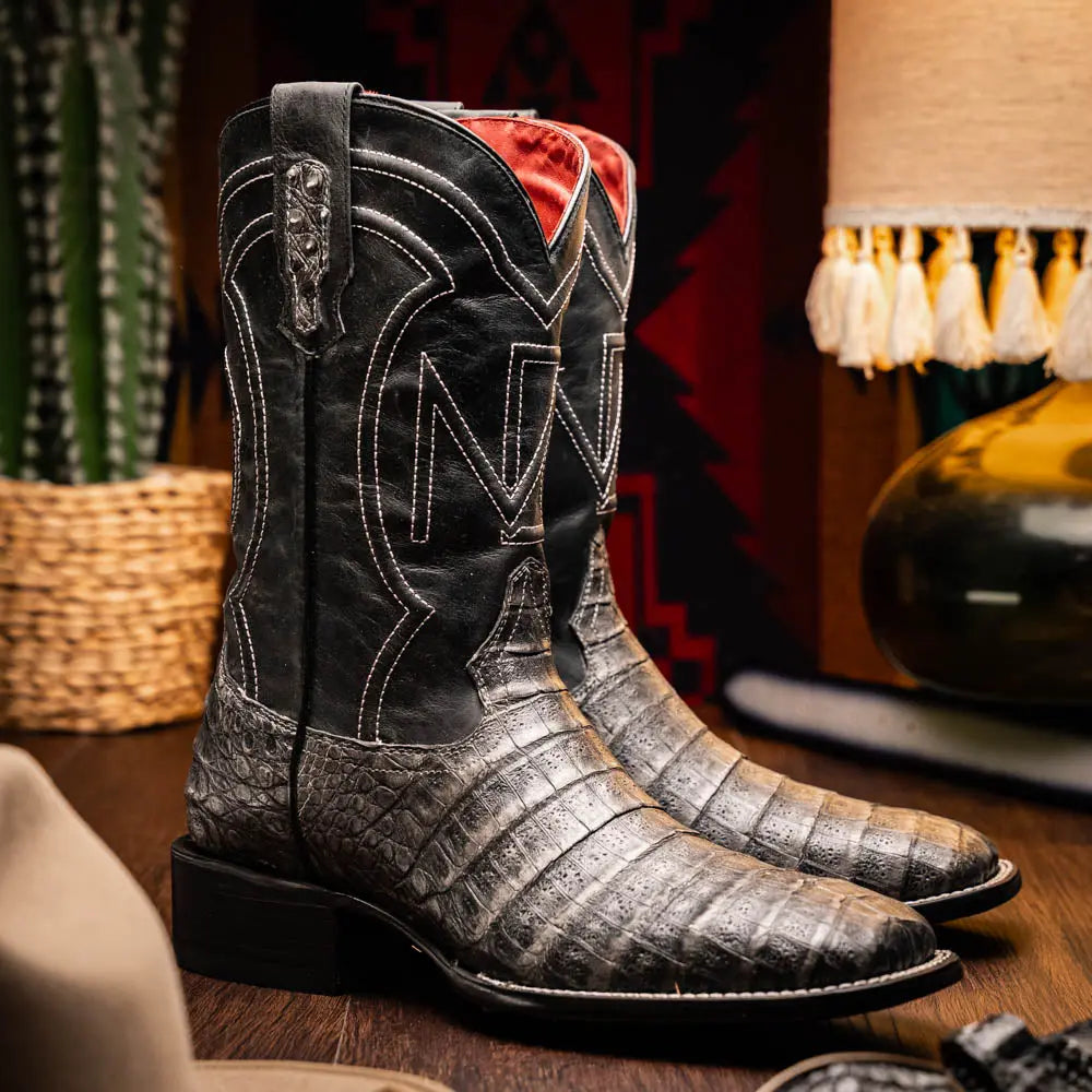 Marco Di Milano Tucson Stone Gray Genuine Caiman Crocodile Cowboy Boots