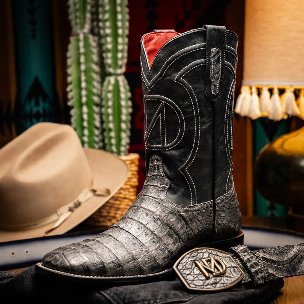 Marco Di Milano Tucson Stone Gray Genuine Caiman Crocodile Cowboy Boots