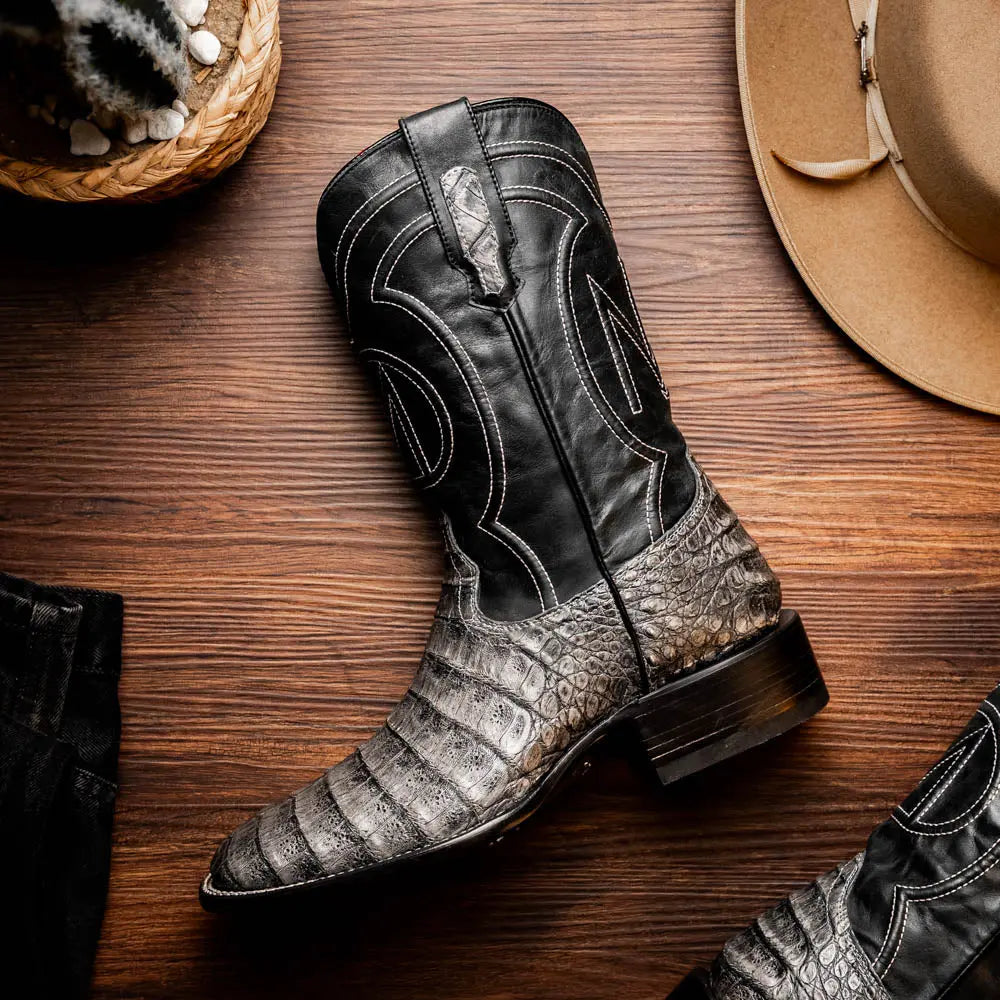 Marco Di Milano Tucson Stone Gray Genuine Caiman Crocodile Cowboy Boots