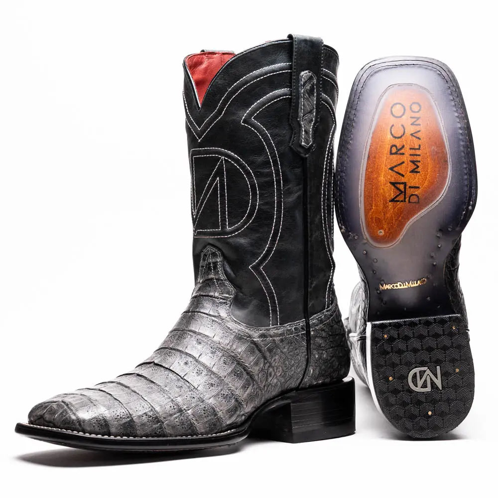 Marco Di Milano Tucson Stone Gray Genuine Caiman Crocodile Cowboy Boots