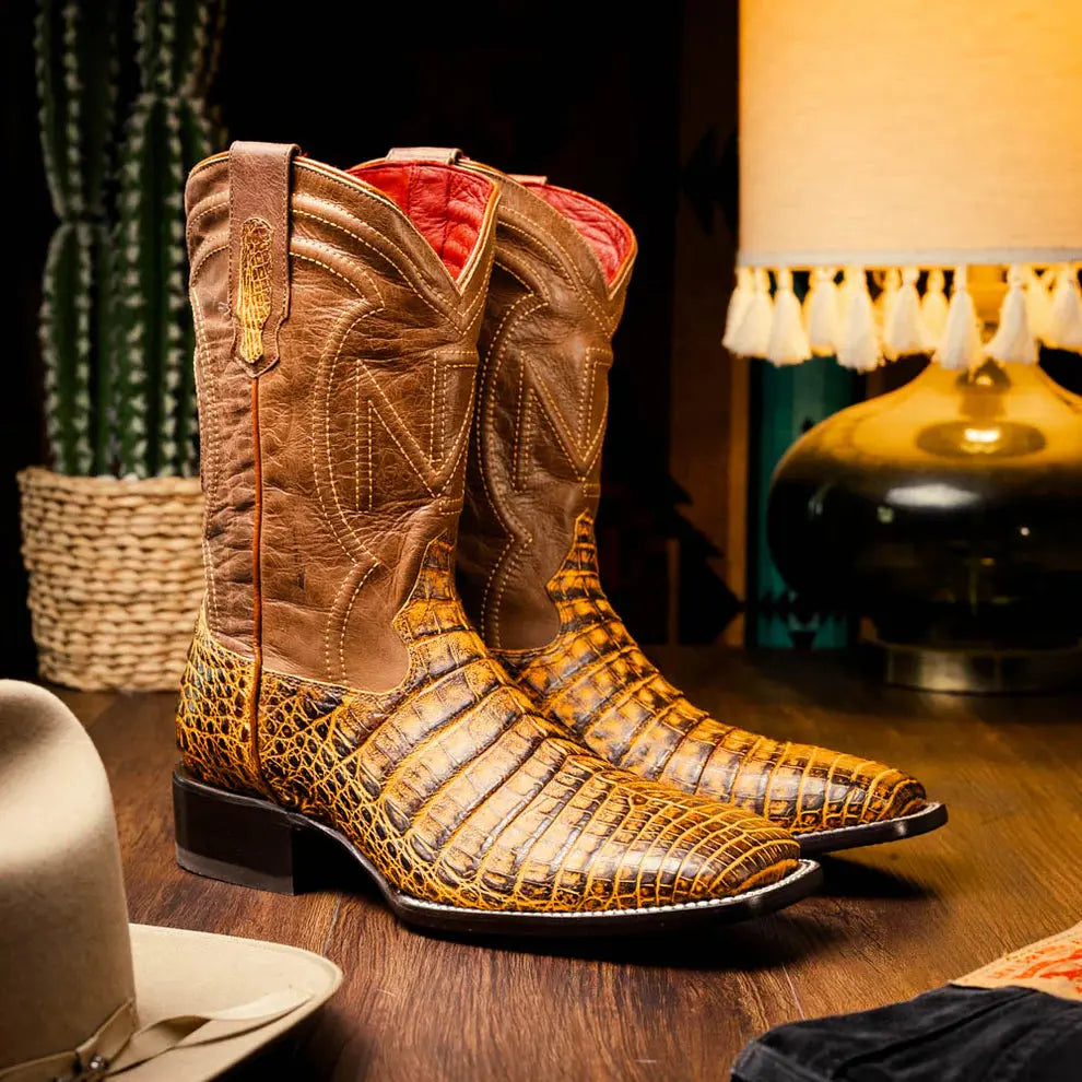 Marco Di Milano Tucson Mustard Brown Genuine Caiman Crocodile Cowboy Boots