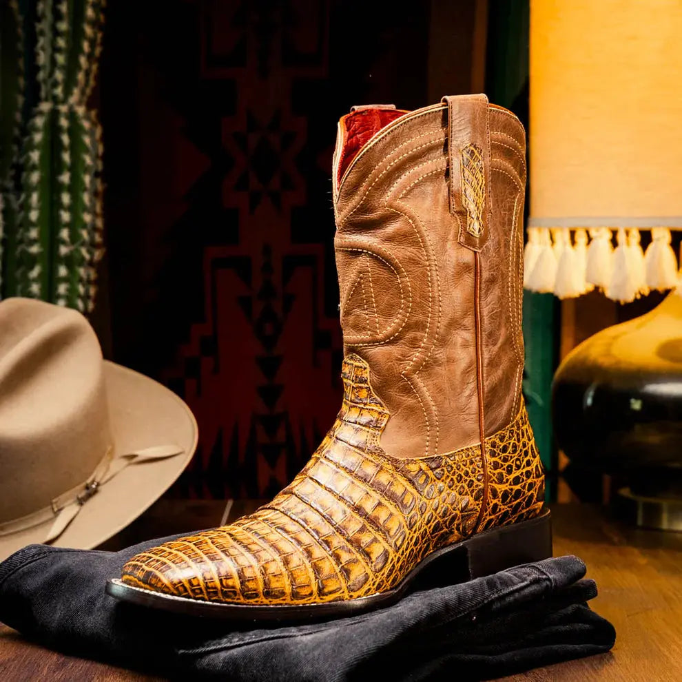 Marco Di Milano Tucson Mustard Brown Genuine Caiman Crocodile Cowboy Boots