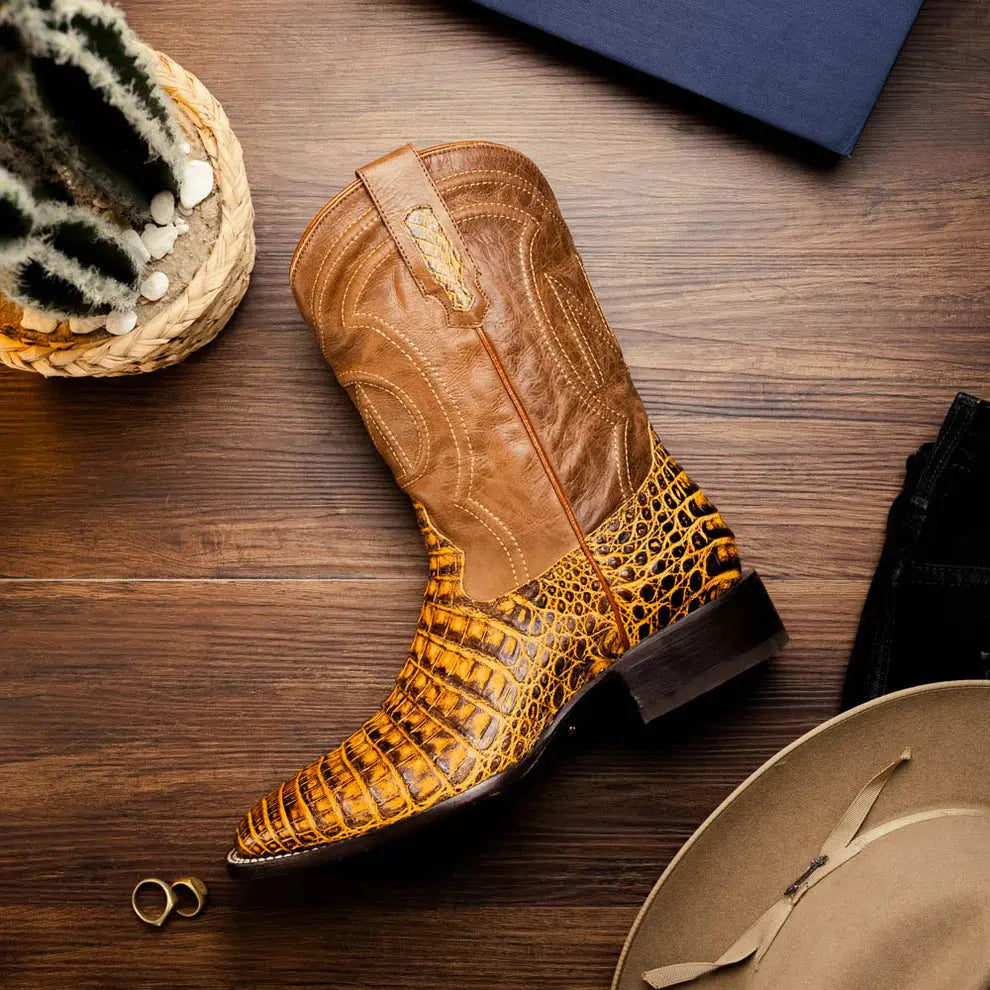 Marco Di Milano Tucson Mustard Brown Genuine Caiman Crocodile Cowboy Boots