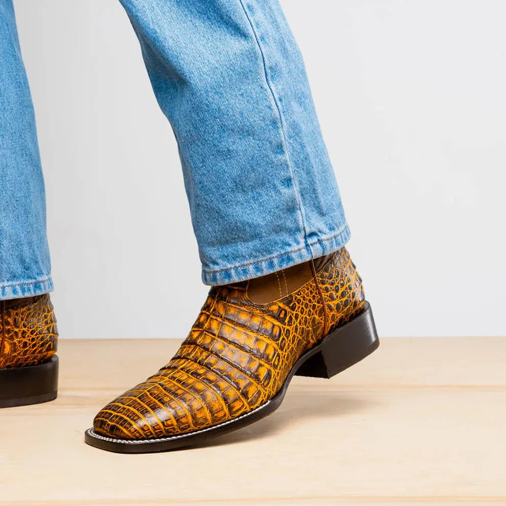 Marco Di Milano Tucson Mustard Brown Genuine Caiman Crocodile Cowboy Boots